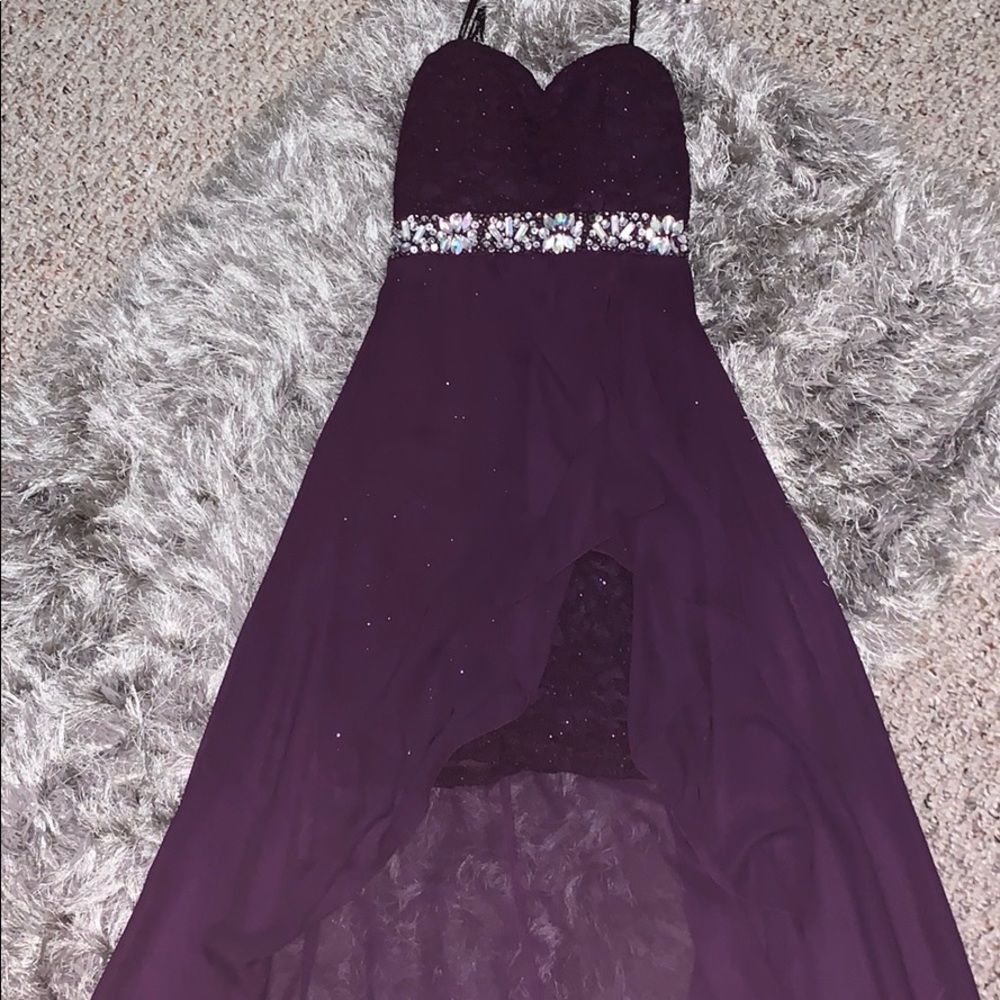 Strapless purple waterfall style Homecoming dress